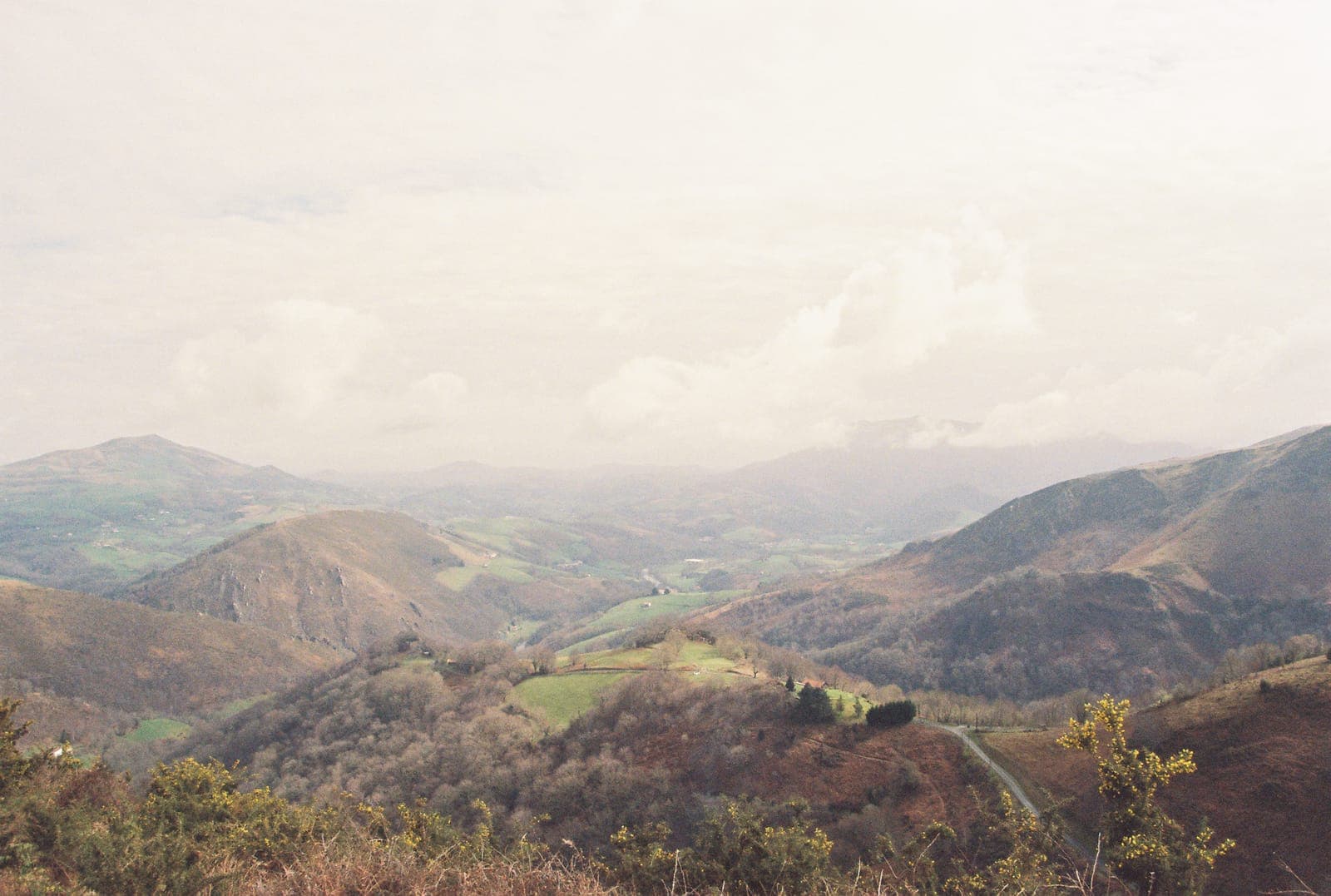 valley with a road winding through wooded hills